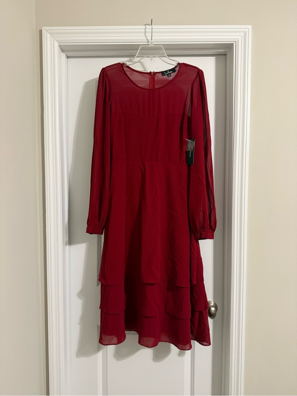NWT Lulus Red Long-Sleeve Tiered Chiffon Dress